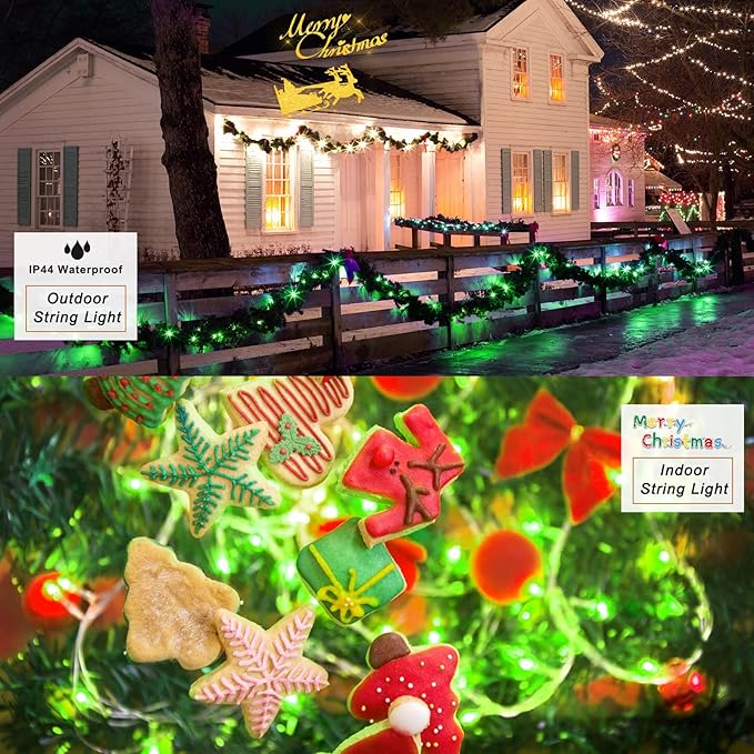 Green String Lights Outdoor Decoration, 66 ft 200 LED Green Christmas Lights, Indoor Outdoor Connectable 8 Modes Clear Wire Twinkle Fairy Light for Xmas Tree Party Christmas Decor