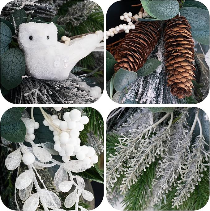 Winter Wreaths for Front Door Outside- 24 Inch Outdoor Christmas Wreath with White Owl,Pine Cones,Cedar and White Berries,Artificial Snowy Winter Decorations for Home Farmhouse Door Decor