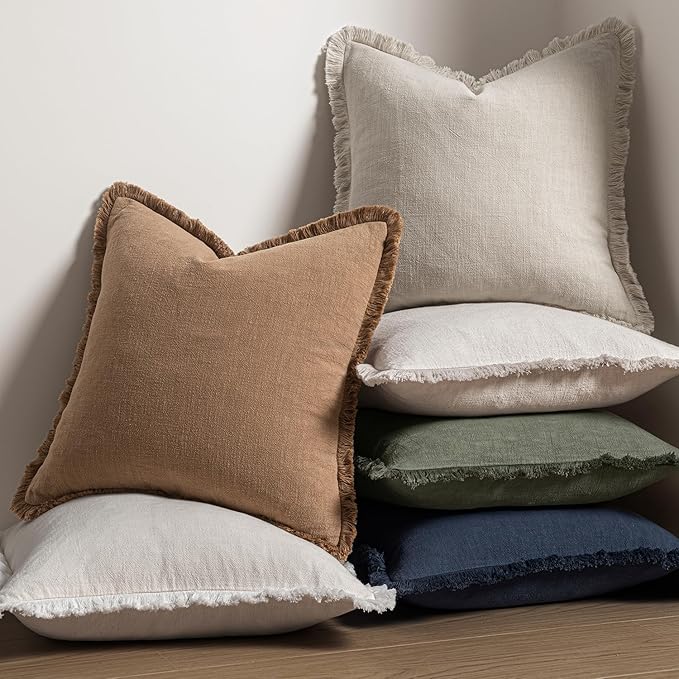 MIULEE Christmas Decorative Throw Pillow Covers Neutral Linen Fringe Throw Pillows Set of 2 Natural Beige Boho Farmhouse Cushion Covers with Tassels for Couch Sofa Bed Living Room Decor 16x16 Inch
