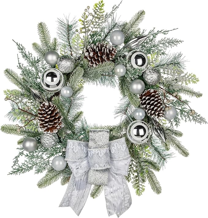 24 inch White Christmas Wreath,Winter Norfolk Pine Wreaths Bows for Front Door with Silver Colored Ball Pinecones Berries for Fireplace Xmas Decorations, Wall Window Indoor Outdoor Decor