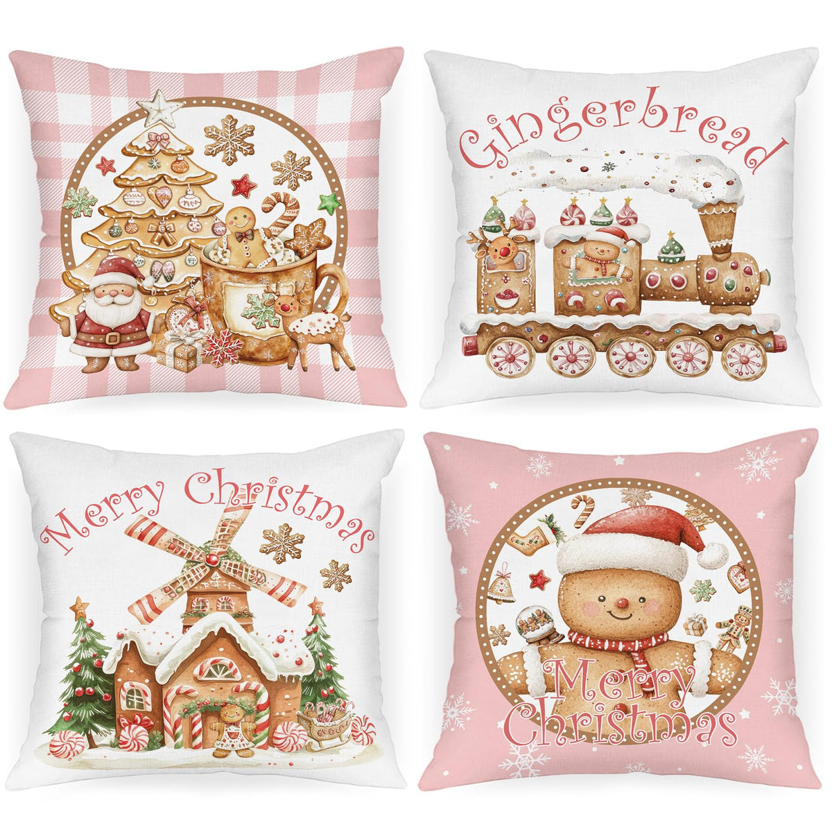 Lanpn Christmas Throw Pillow Covers 18x18 Set of 4, Gingerbread Man House Pillow Covers Christmas Pillowcase Decorative Cushion Cover for Home Bedroom Couch Sofa Decor (Pink)
