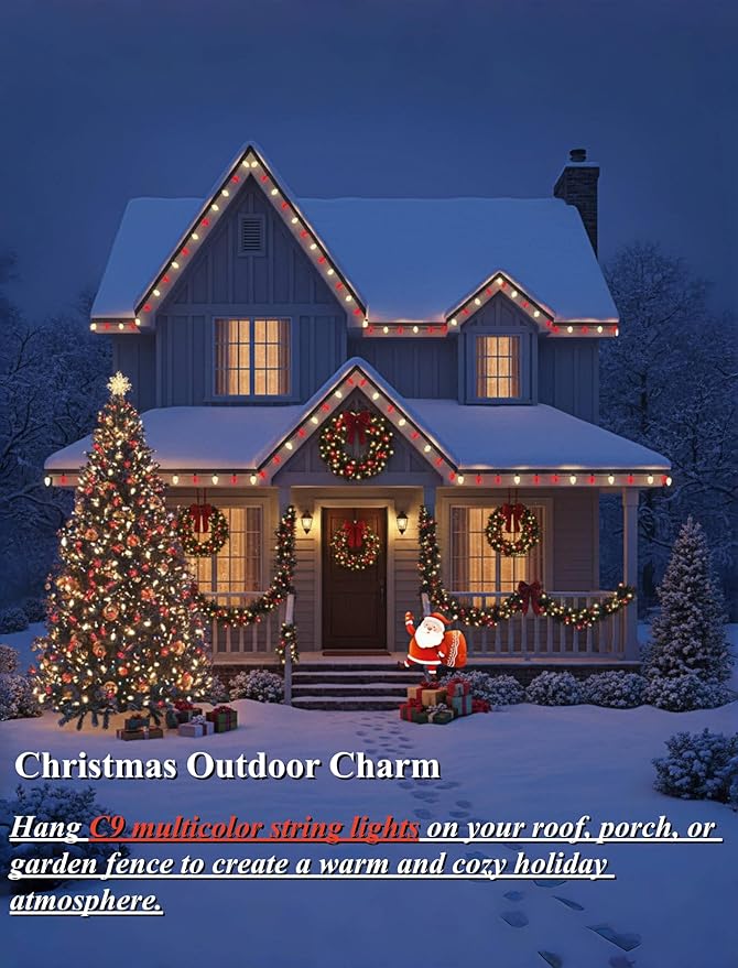 Red and White LED Christmas Lights,25FT Vintage C9 Red White Christmas Lights Outdoor with 26 LED Bulbs,Commercial Extendable Xmas Light for Roofline Patio Holiday Party Backyard Xmas Decor