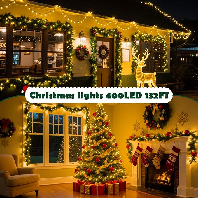 Christmas Lights Indoor Outdoor Waterproof, 132FT 400 LED 8 Modes Warm Light String Lights for House Decorations, Ideal for Christmas Trees, Wedding, and Party