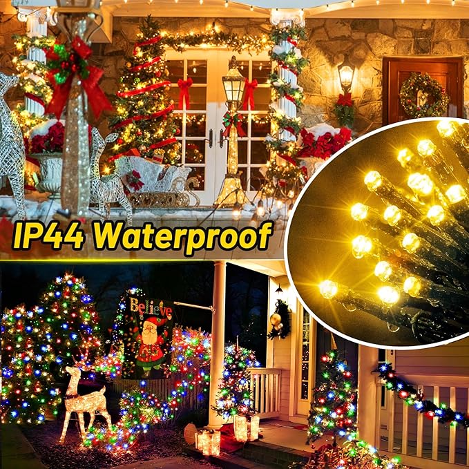 KNONEW Christmas Lights Outdoor 500 LED 197FT Green Wire Color Changing String Lights with 11 Modes & Timer Dimmable Fairy Light for Xmas Tree Roof Yard Wedding Decorations(Warm White to Multicolor)