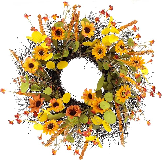 Fall Wreaths for Front Door 20 Inch Rustic Artificial Wreath Sunflower Maple Leaf Rice Ears Autumn Decoration for Halloween Thanksgiving Christmas