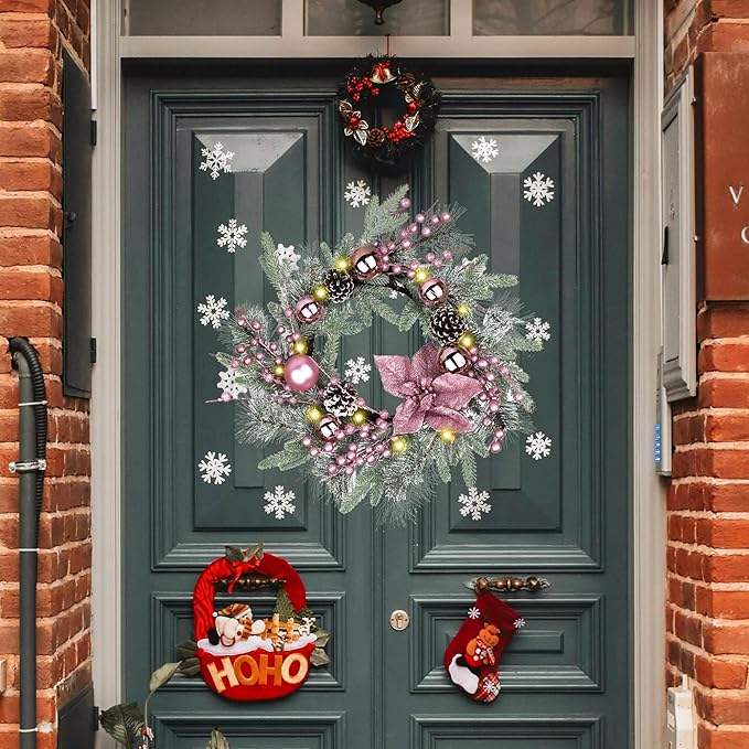 20" Christmas Wreaths for Front Door, Artificial Christmas Wreath Decoration with Lights, Winter Wreaths with Pine Cones,Bow,Balls Ornaments for Indoor Outdoor Home Decor (Pink)