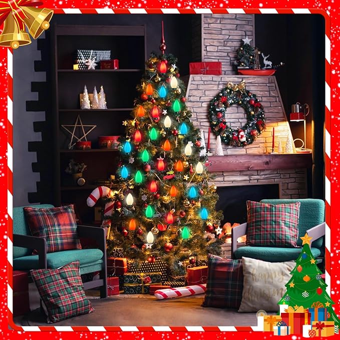C7 Vintage Christmas Lights, 25Ft Ceramic Multicolor Christmas String Lights with 27 5W Glass Bulbs, Waterproof Connectable Christmas Decorations for House Roofline Backyard Wedding Holiday Party