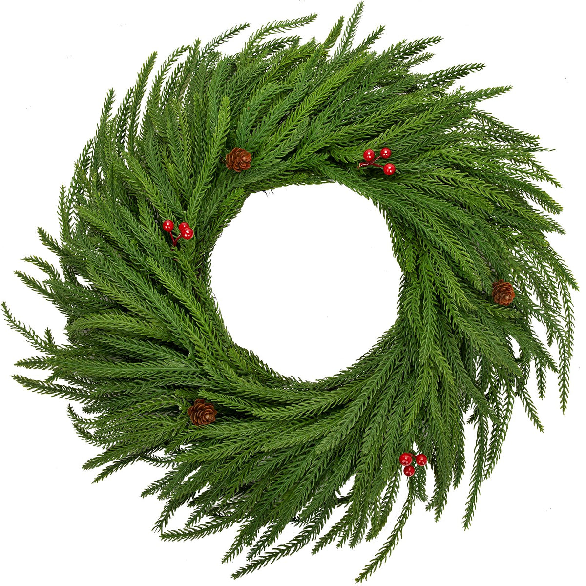 Hollyone 16" Real Touch Norfolk Pine Wreath for Front Door Small Artificial Winter Pine Plant with Red Berry Pinecone Greenery Christmas Wreath Window Walls Xmas Decor Indoor Outdoor Home Decoration