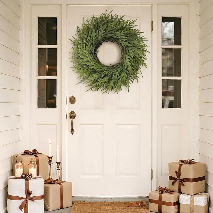 26" Norfolk Pine Wreath for Front Door, Artificial Christmas Wreaths Faux Green Fake Pine Needles Wreath for Front Door Wall Windows Indoor Outdoor Christmas Decor