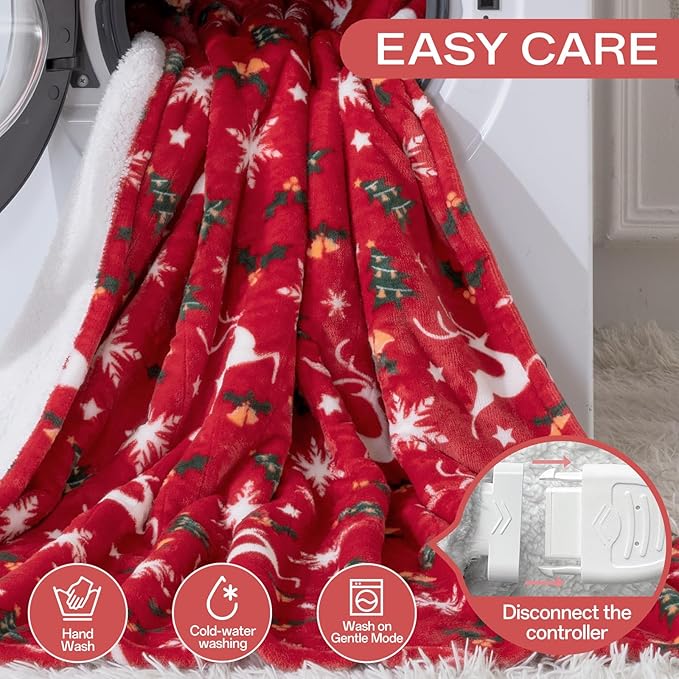 Electric Blanket Heated Throw, Soft Flannel Christmas Heated Blanket with 8 Hours Auto Off & 8 Fast Heating Levels Machine Washable Sherpa Heating Blanket with Overheating Protection Gift for Women