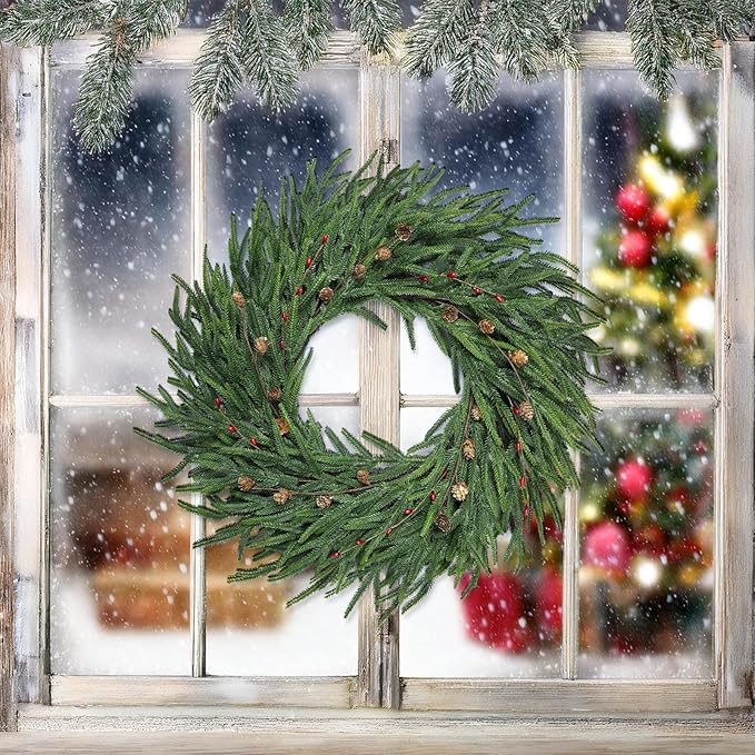 24 Inch Pine Wreath Christmas Wreaths for Front Door, Real Touch Pine Wreath with Red Berries Artificial Green Wreaths for Walls Windows Porches Farmhouse Indoor Outdoor Home Decor