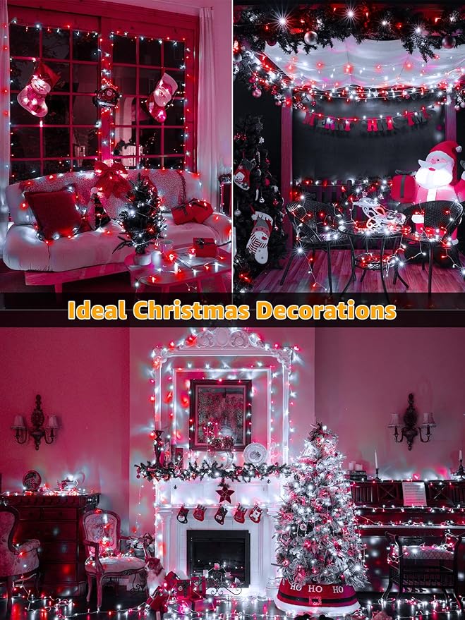 Christmas Lights 600 LED 98FT, Waterproof Outdoor String Lights with Remote and Timer, 8 Modes Dimmable Fairy Lights for Indoor Outdoor Wedding Party Holiday Decorations (Red and White)