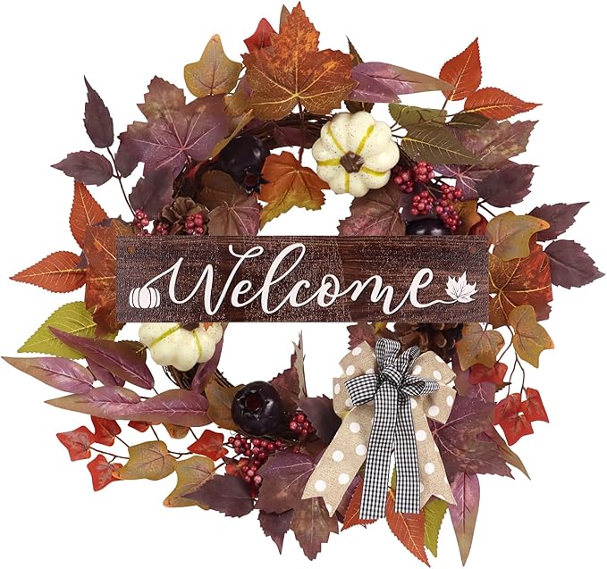 Fall Wreaths for Front Door Outside Decor, 20" Berries Brown Maple Leaves Pumpkins Wreath Decorations with Bow and Hanging Sign for Thanksgiving Home Outdoor Indoor Porch Harvest Autumn