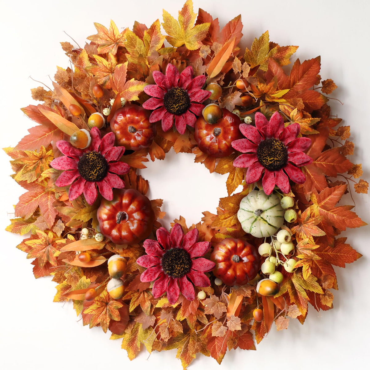 28'' Large Fall Wreath for Front Door, Porch, Window- Artificial Maple Leaves Fake Pumpkins Faux Acorns Sunflower Outdoor Autumn Wreath for Home, Farmhouse Wall Thanksgiving Day Harvest Festival Decor