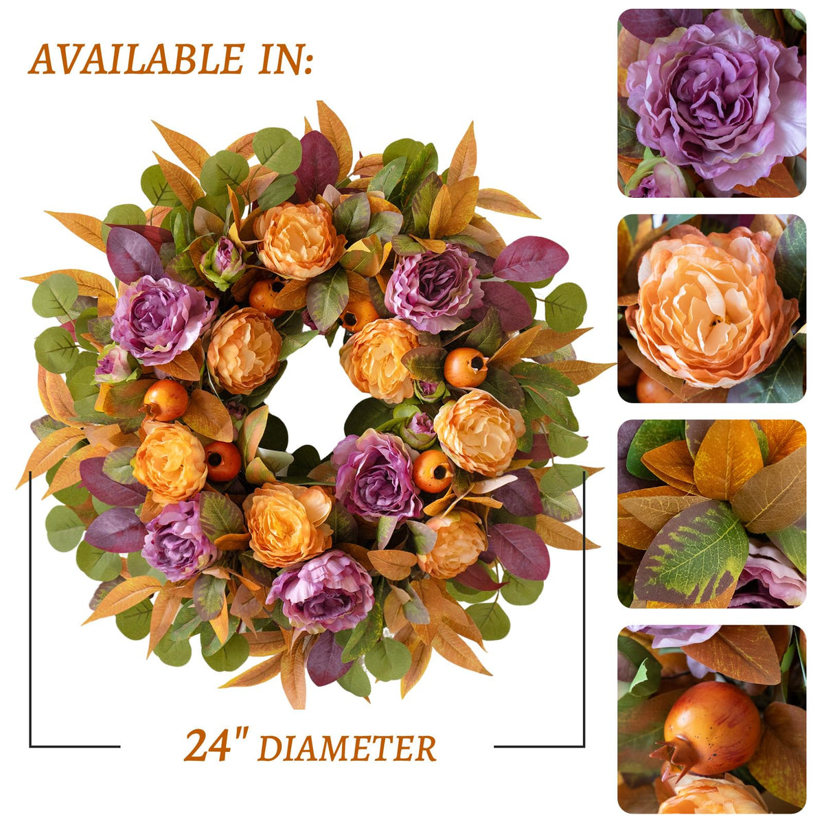 24 Inch Fall Wreath for Front Door - Autumn Wreath with Peony, Maple Leaves, Berries - Farmhouse Thanksgiving Halloween Decor for Porch, Front Door, Indoors & Outdoors - Rustic Harvest Home Decor