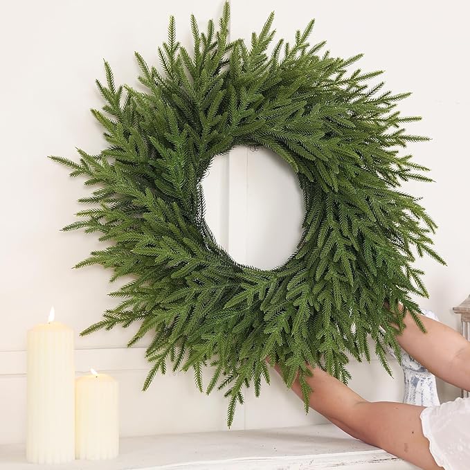 26" Norfolk Pine Wreath for Front Door, Artificial Christmas Wreaths Faux Green Fake Pine Needles Wreath for Front Door Wall Windows Indoor Outdoor Christmas Decor