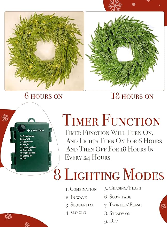 24" Prelit Christmas Wreath for Front Door, Real Touch Norfolk Pine Wreath Thick & Soft Christmas Wreaths with Light, Timer, Norfolk Pine Cypress Leaf Christmas Door Wreath for Home Wall Outdoor Decor