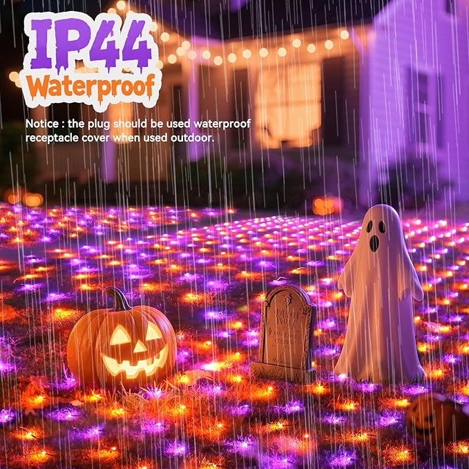 LitHome 14.8FT x 5FT Halloween Net Lights, 300 LED Purple Orange Bush Lights with 8 Modes, Connectable Waterproof Net Mesh Light Dark Green Wire for Bushes Shrubs Trees Outdoor Holiday Decor