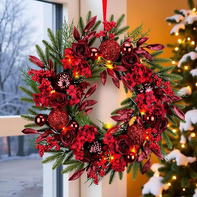 YULETIME 24" Christmas Wreath, Artificial Holiday Wreath with Baubles, Berries, Leaves, Spruce Branches, Snowy Pine Needles (Red Hydrangea)
