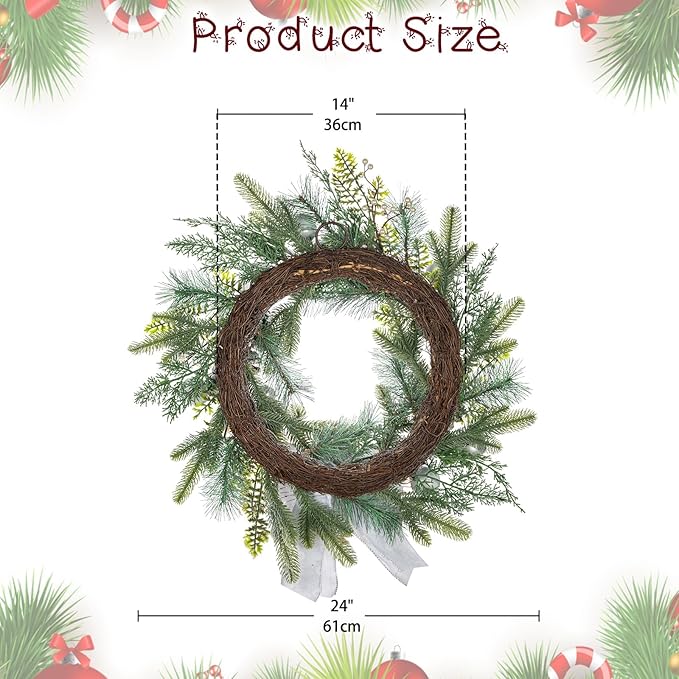24 inch White Christmas Wreath,Winter Norfolk Pine Wreaths Bows for Front Door with Silver Colored Ball Pinecones Berries for Fireplace Xmas Decorations, Wall Window Indoor Outdoor Decor