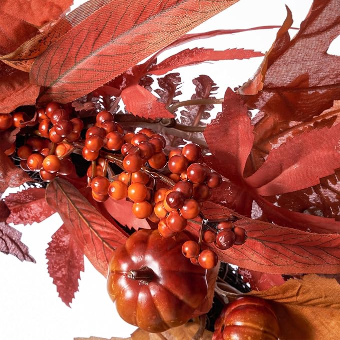 DN DECONATION 24 Inch Fall Wreaths for Front Door, Autumn Farmhouse Wreaths with Orange Pumpkins, Leaves, Pinecones & Berries for Indoor Outdoor Porch Home Wall Thanksgiving Harvest Festival Decor