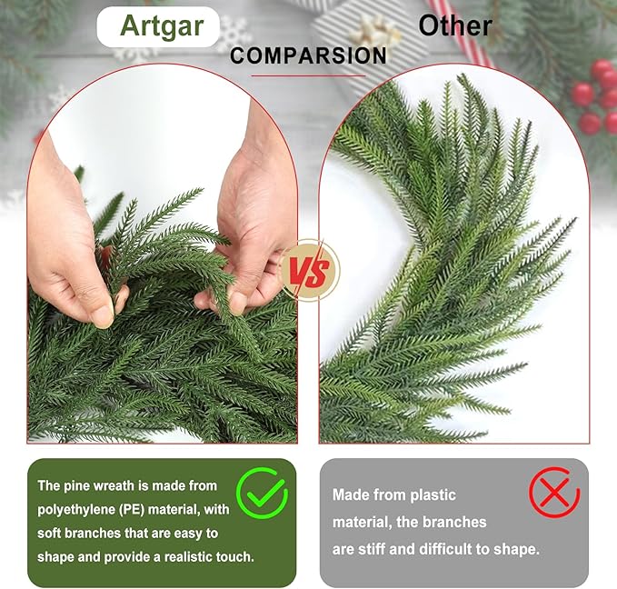 Artgar 26 Inch Pine Wreath - Christmas Wreaths for Front Door - Real Touch Pine Wreath - Large Artificial Green Wreaths for Walls Windows Porches Farmhouse Indoor Outdoor Home Decor