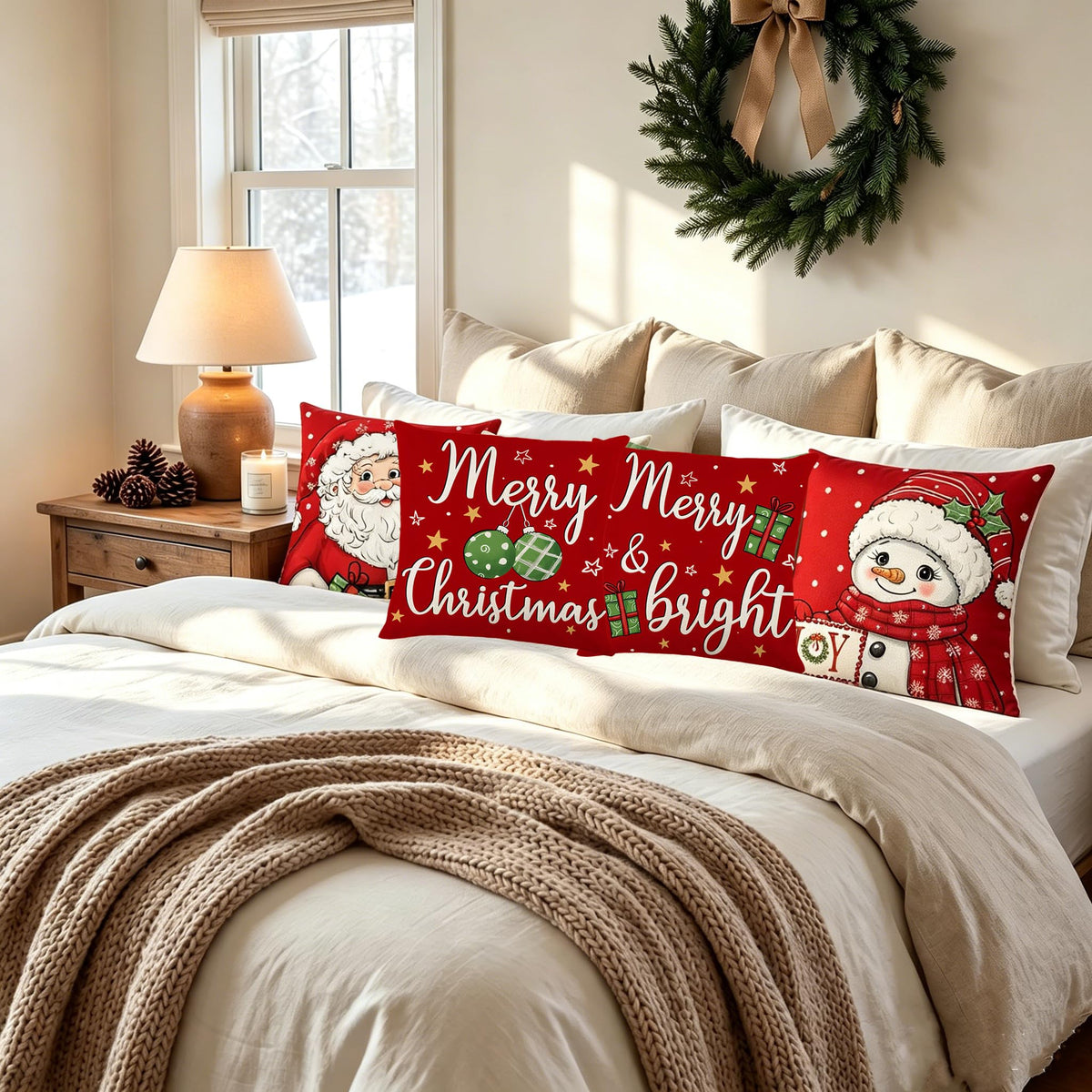 Ni-JASW Red Christmas Throw Pillow Covers 18x18 inch Set of 4, Old Fashioned Santa Snowman Merry Christmas Cushion Covers for Couch Sofa Holiday Decor