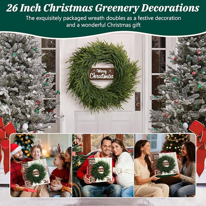26 Inch Christmas Wreaths for Front Door, Real Touch Norfolk Pine Wreath with Welcome Sign, Large Festive Green Wreath for Farmhouse, Porch, Windows, Wall, Table, Indoor, Outdoor, Home Decor