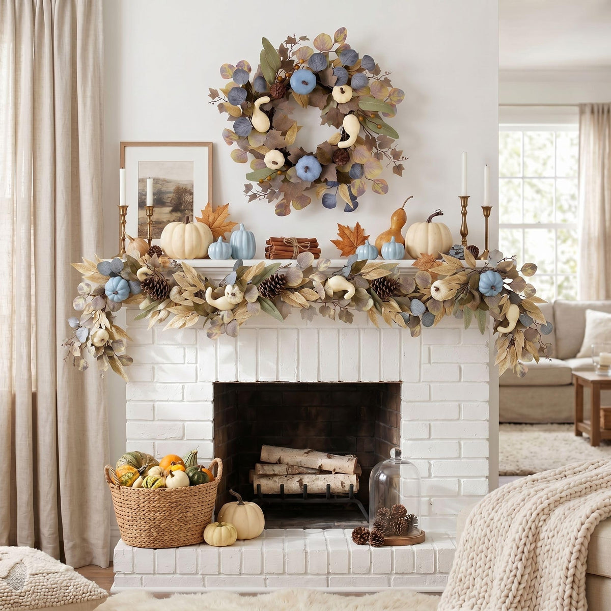 DecorbyHannah Fall Wreath for Front Door, 18 Inch Lighted Autumn Harvest Pumpkin Wreath with Lights, Blue Pumpkin Pinecone Door Decor for Mantle Porch Wall Home Indoor Outdoor
