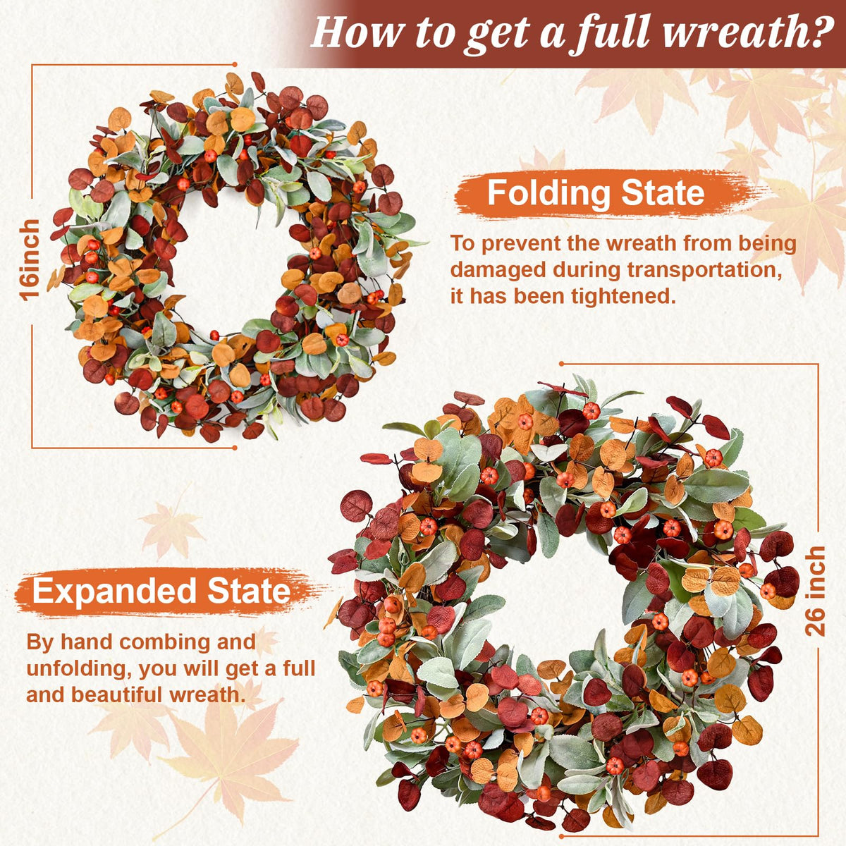 Waipfaru Fall Decor, 26 Inch Fall Wreaths for Front Door, Autumn Door Wreath with Lambs Ears Leave Eucalyptus Leaves Pumpkin Thanksgiving Harvest Halloween Farmhouse Home Outdoor Porch Indoor Decor