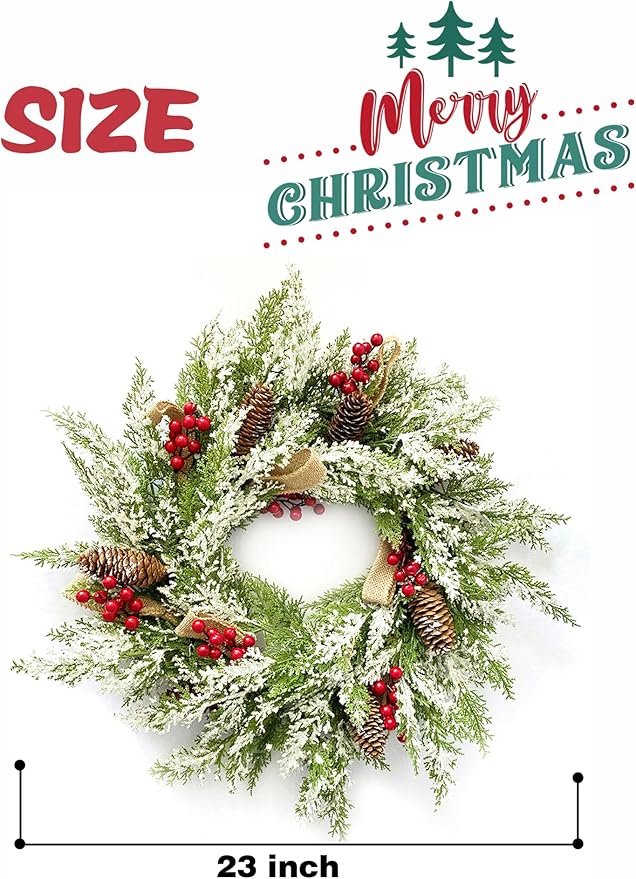 Artificial Christmas Wreath with Hanger for Front Door with Pine Cone, Red Berries, Burlap Ribbon & Snowflake, Indoor Outdoor Holiday Wall Windows Wreath Flocked with Mixed Decorations 23inch