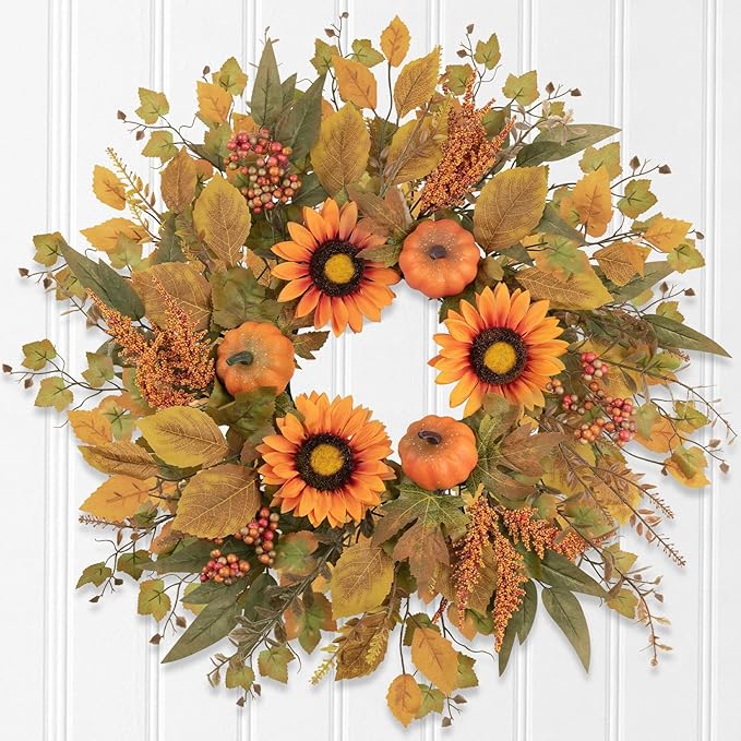 Fall Wreaths for Front Door 24 Inch Thanksgiving Autumn Wreath with Artificial Pumpkin Eucalyptus Sunflower Leaves Harvest Halloween Decorations Porch Farmhouse Outdoor Indoor Home Hanging Decor