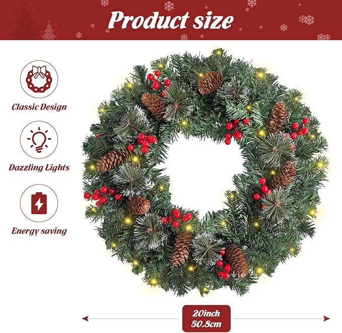 FR Artificial Pre-Lit Fir Christmas Wreath Holiday Accent Decoration, Wintry Pine, Decorated with Pine Cones Berry Clusters Frosted Branches, with LED Lights for Door, Mantel 20 Inch