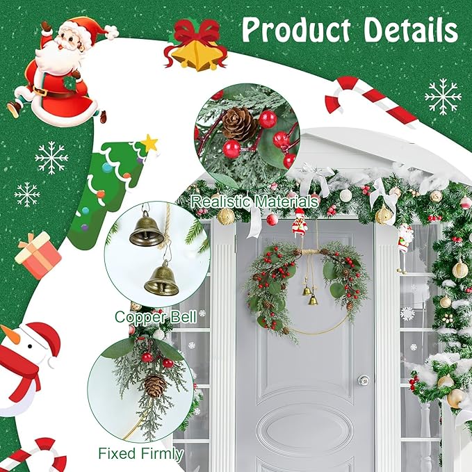 Christmas Wreath for Front Door Artificial Half Circle Wreaths with Bell Pine Cones Red Berries Eucalyptus Leaves Outdoor Wreath for Farmhouse Front Porch Window Christmas Decorations