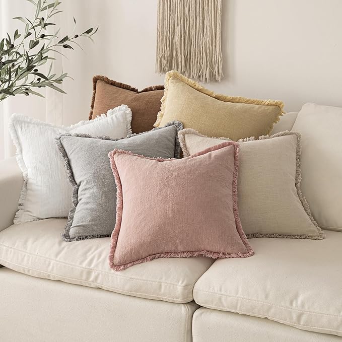 MIULEE Christmas Decorative Throw Pillow Covers Neutral Linen Fringe Throw Pillows Euro Shams Set of 2 White Boho Farmhouse Cushion Covers for Couch Sofa Bed Living Room Spring Home Decor 24x24 Inch
