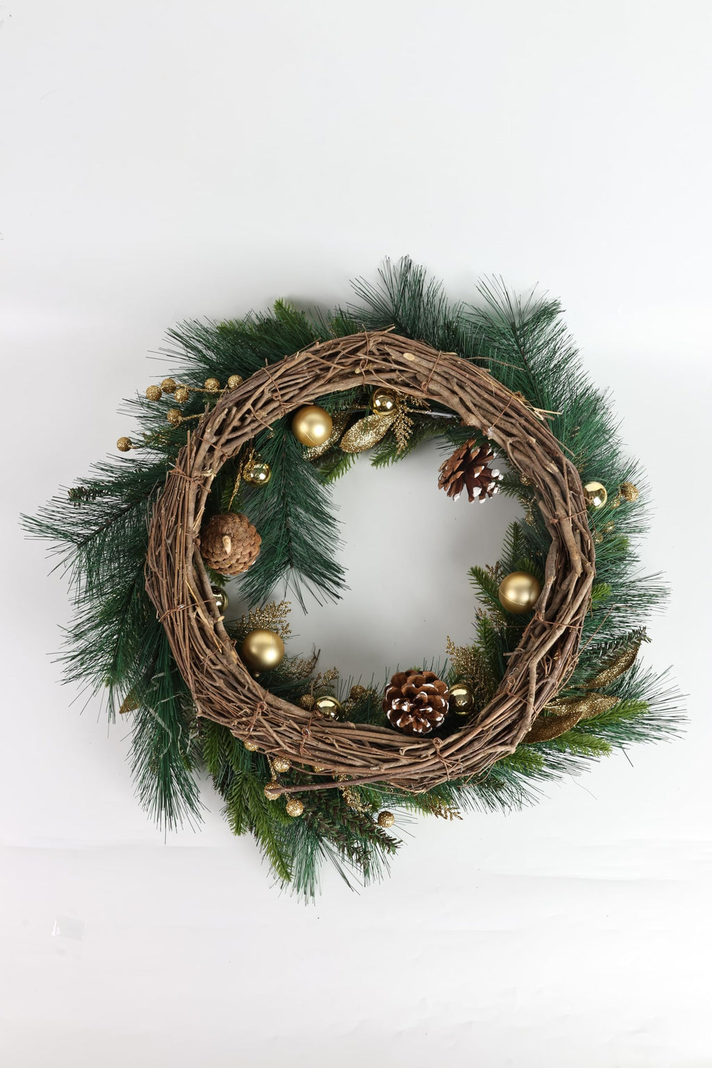 NeoL'artes 26inch Gold Wreath for Porch Front Door Mantle and Fireplace Wrapped Grapevine with Ornaments Snow Pinecones Winter Season Home Decor