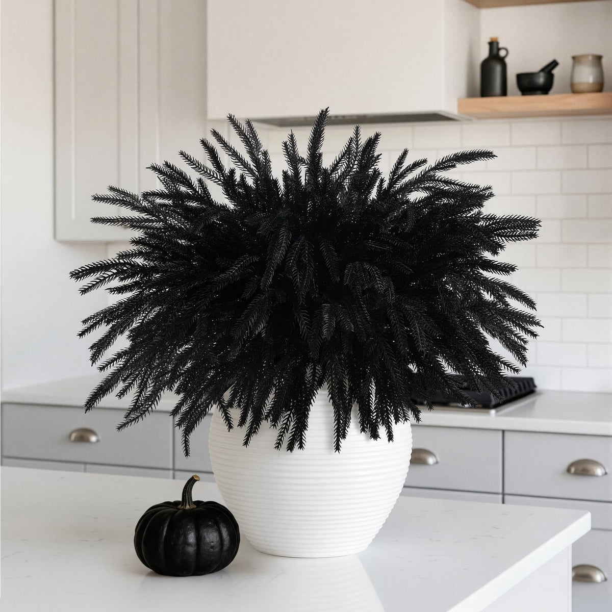 N&T NIETING 12Pcs Halloween Norfolk Pine Stems, 24'' Long Artificial Black Norfolk Pine Branches, Real Touch Picks, Faux Floral Branch for Mantel DIY Xmas Home Decoration Indoor Christmas Decor