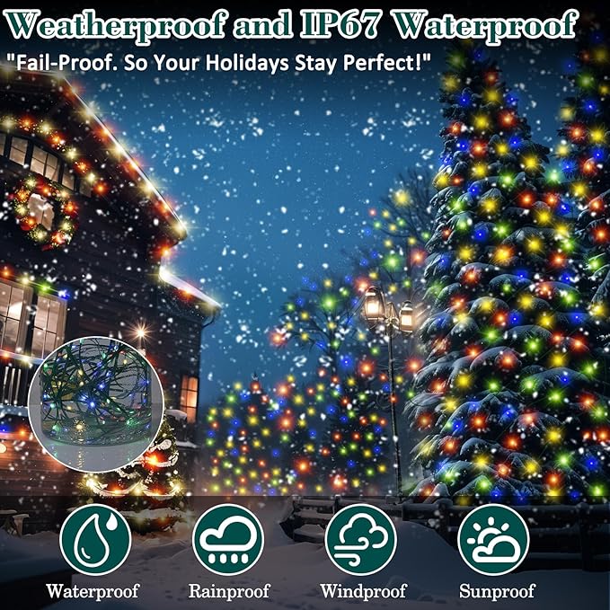 Christmas Lights Outdoor 1000 LED 328FT String Lights Multicolored, IP67 Waterproof Indoor Christmas Fairy Lights,8 Modes 4-Level Dimming with Remote for Garden Tree Patio Balcony Xmas Party Decor
