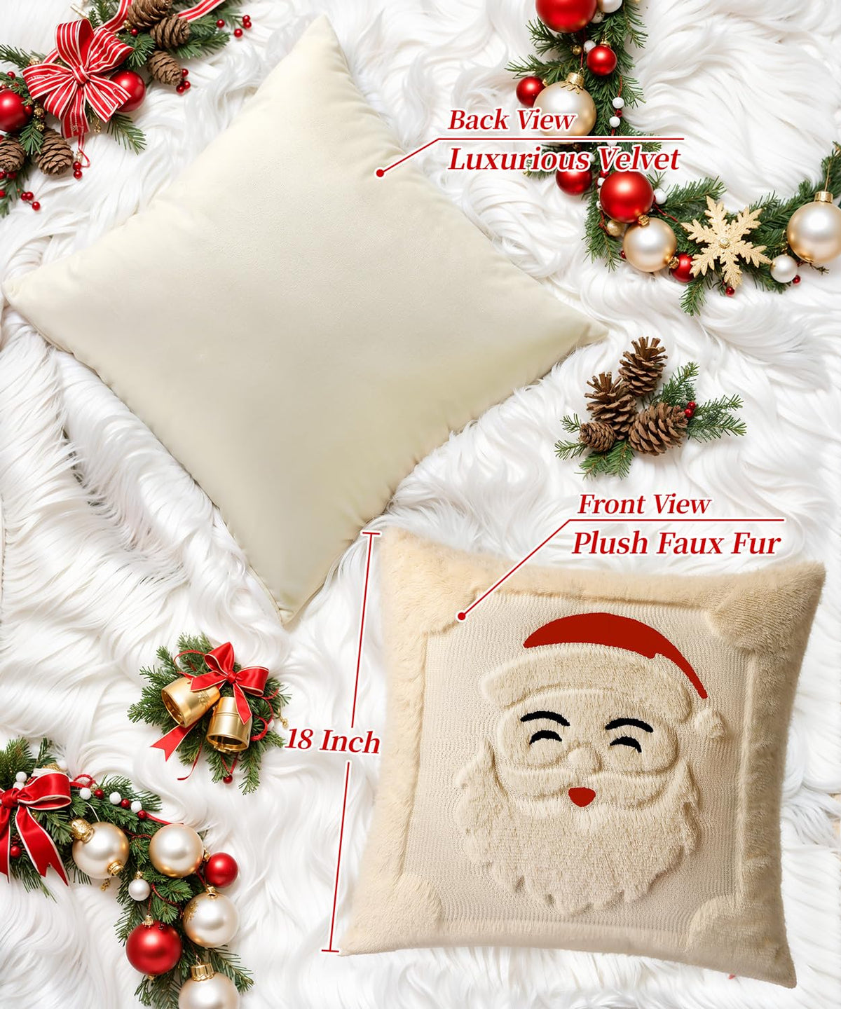 SEGXCFL Christmas Pillow Covers Set of 2 Soft Plush Faux Fur Pillow Cases 3D Embroidered Decorative Couch Cover Home Decor Christmas Throw Pillow Covers 18x18,Beige Santa Clauss