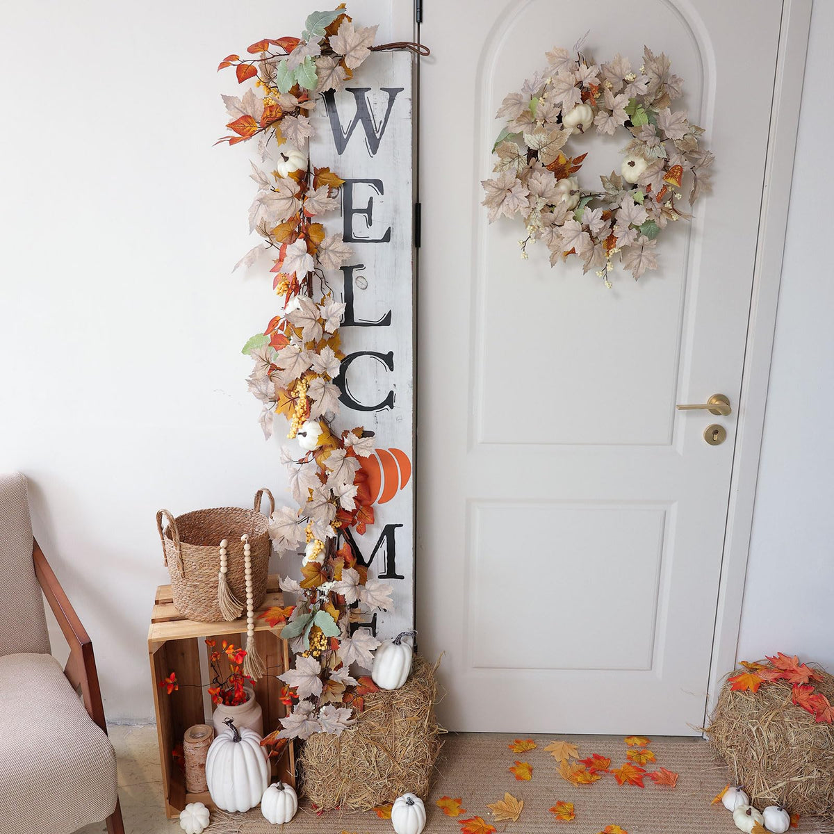 MIZII Fall Wreaths for Front Door 19 inch White Fall Wreath with Artificial Maple Leaves Pumpkin Autumn Leaf Thanksgiving Halloween Harvest Door Decorations for Wall Porch Home Decor (White)