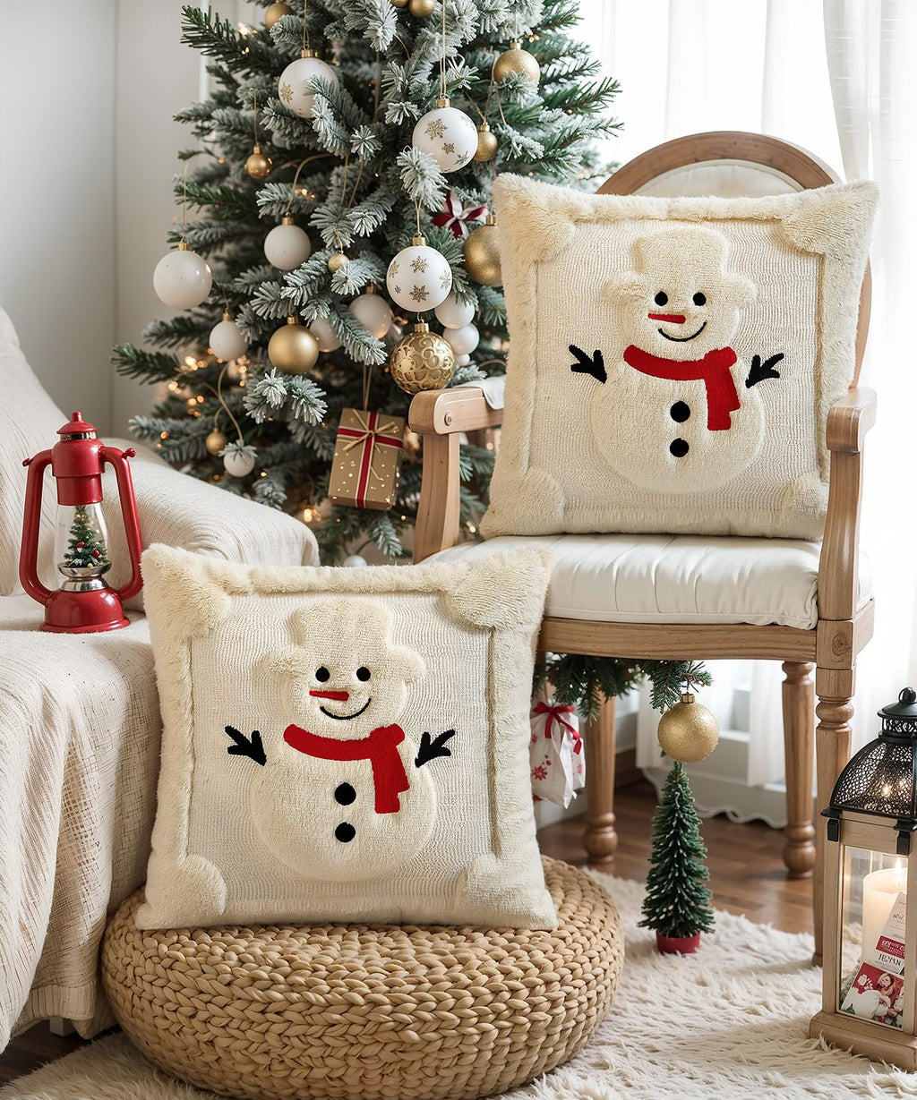 SEGXCFL Christmas Pillow Covers Set of 2 Soft Plush Faux Fur Pillow Cases 3D Embroidered Decorative Couch Cover Home Decor Christmas Throw Pillow Covers 18x18,Beige Snowman