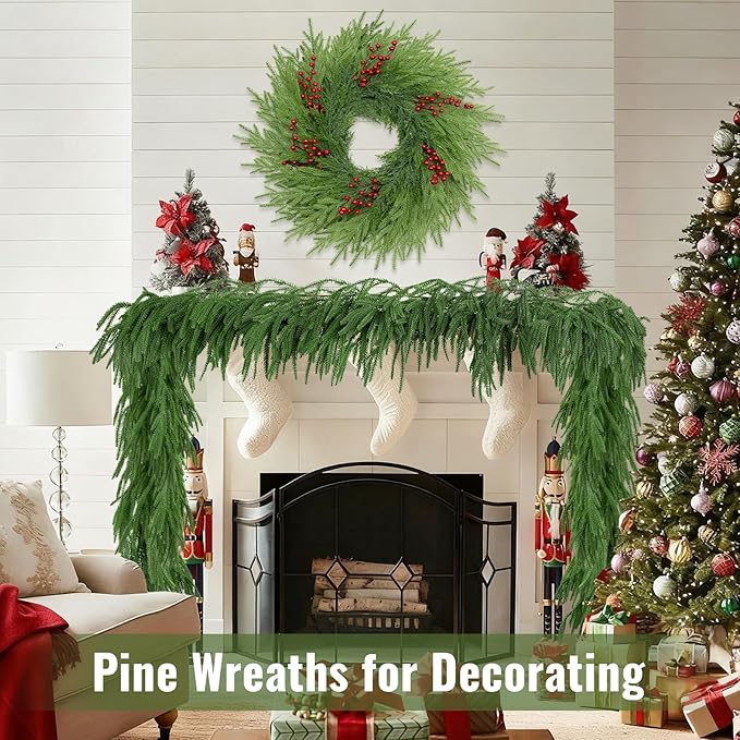 26 Inch Pine Wreath - Christmas Wreaths for Front Door - Real Touch Pine Wreath - Large Artificial Green Wreaths for Walls Windows Porches Farmhouse Indoor Outdoor Home Decor with Red Berries