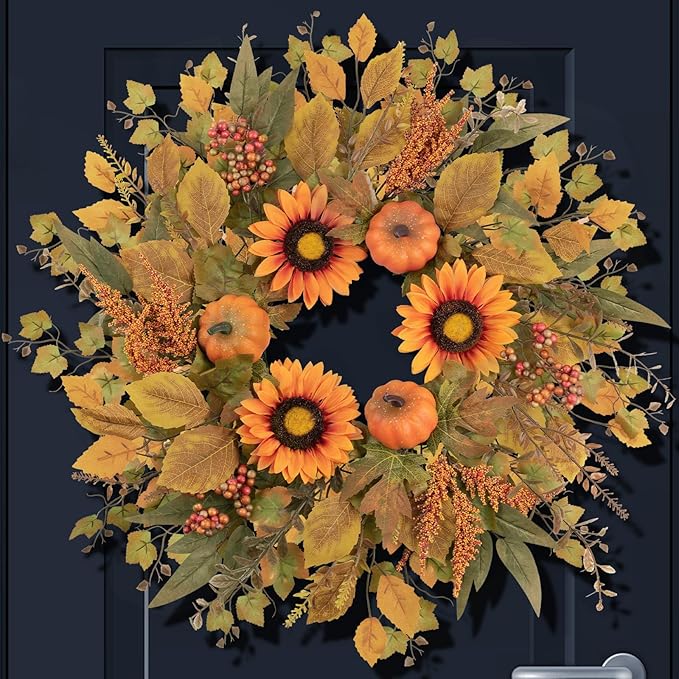 Fall Wreaths for Front Door 24 Inch Thanksgiving Autumn Wreath with Artificial Pumpkin Eucalyptus Sunflower Leaves Harvest Halloween Decorations Porch Farmhouse Outdoor Indoor Home Hanging Decor