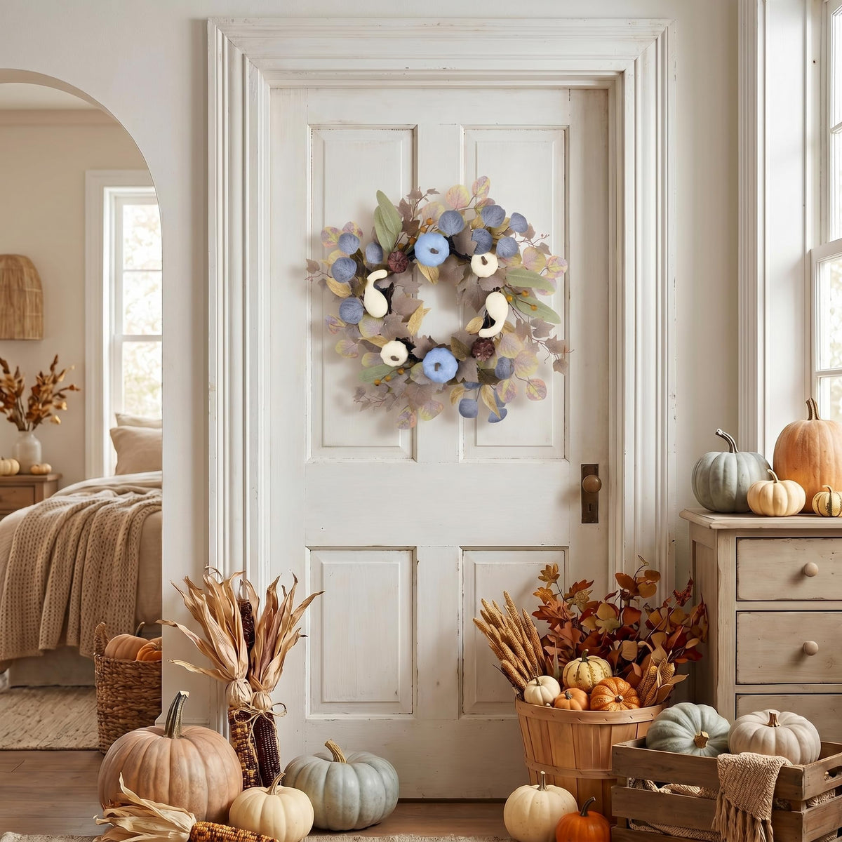 DecorbyHannah Fall Wreath for Front Door, 18 Inch Lighted Autumn Harvest Pumpkin Wreath with Lights, Blue Pumpkin Pinecone Door Decor for Mantle Porch Wall Home Indoor Outdoor