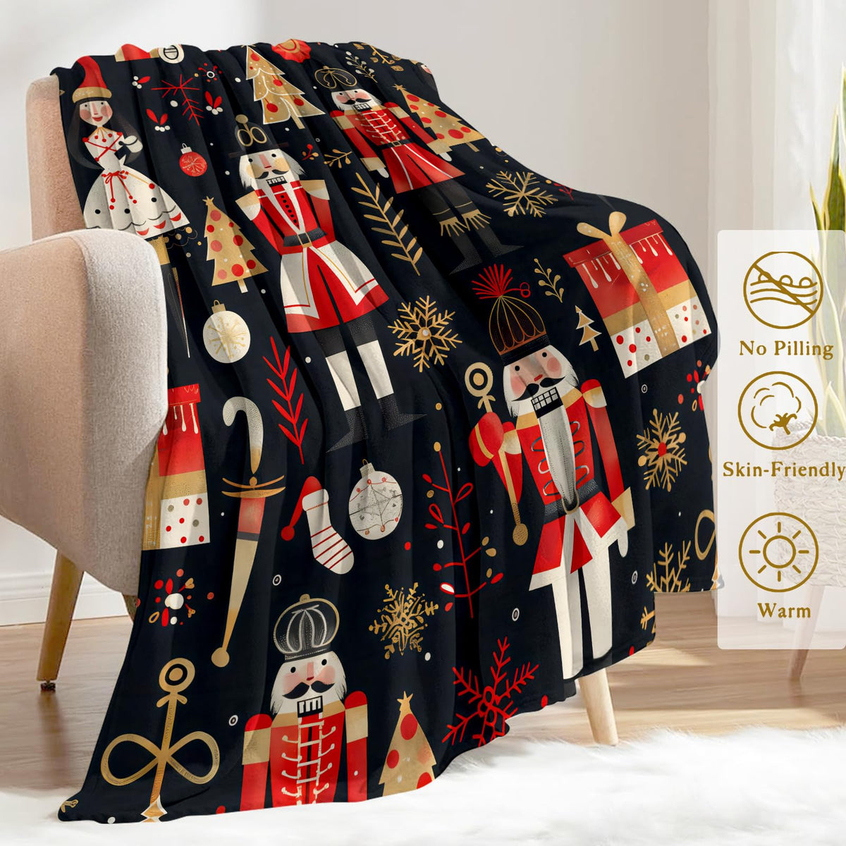 ainori Festive Nutcracker Throw Blanket- Ultra Soft, Fleece, Lightweight,Ballerinas, Christmas Trees Blankets, for Couch Room Bedroom, Modern Holiday Decor, Gifts for Kids Girls 50x60in