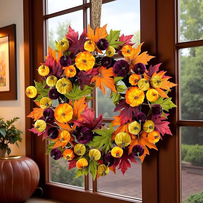 YULETIME 24" Fall Wreath, Artificial Autumn Wreath with Red, Orange, Green Maple Leaves and Orange, Purple, Green-Yellow Pumpkins (Pumpkin & Maple Leaf)