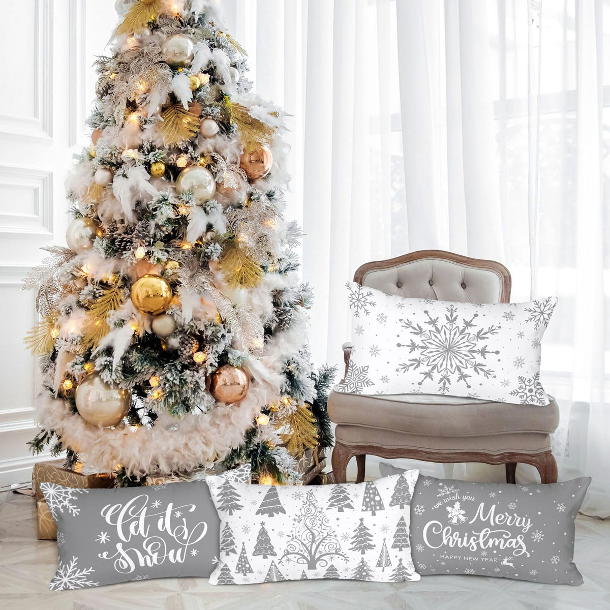 Lanpn White and Grey Christmas Lumbar Throw Pillow Covers 12x24 Set of 4, Decorative Long Gray Winter Snowflake Xmas Cushion Covers Pillow Cases for Home Bedroom Room Holiday Couch Decor Decorations