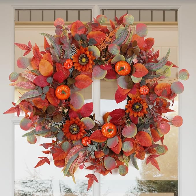 Pumpkin Fall Wreaths, Sunflower Wreaths for Front Door Natural Fall Wreath 24 Inch Handmade Fall Door Wreath for Wall Farmhouse Thanksgiving Door Decorations Halloween Holiday Home Decor