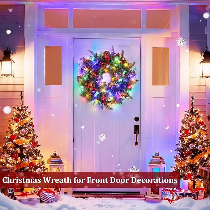 24 Inch Foldable Christmas Wreaths for Front Door, Lighted Christmas Wreath with Pinecones Berried 50 Warm White & Multicolor Lights 8 Modes Timer Norfolk Pine Wreath Xmas Wreaths for Door Wall Window