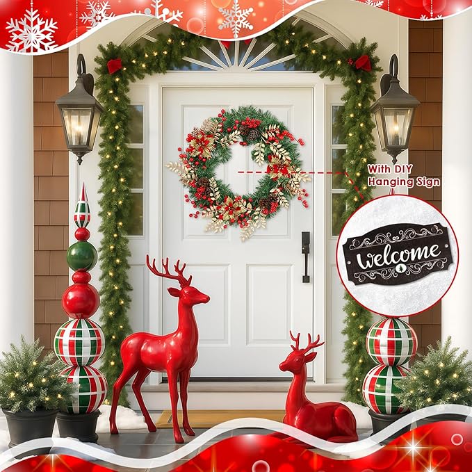 Christmas Wreaths for Front Door Outside Decor, 22" Berries Poinsettia Golden Leaves Pinecone Winter Artificial Wreath Decorations with Hanging Sign for Xmas Home Door Wall Window Fireplace Porch
